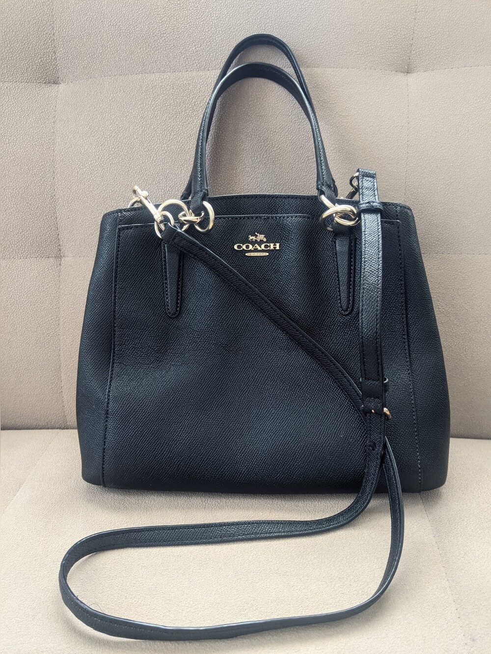 Coach Black Leather Tote with Gold-Tone Hardware